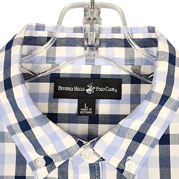 Beverly Hills Polo Club Men's Shirt Short Sleeve Button Up Blue White Check Lrg - Picture 4 of 12